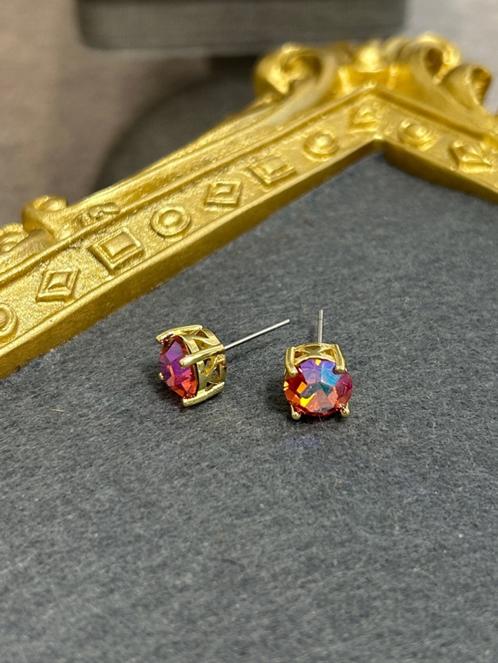 Gold-Set Iridescent Coral Crystal Stud Earrings - Picture 7 of 9